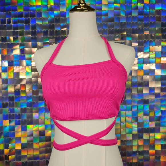 Tops - Hot‎ Pink Ribbed Wrap Halter Crop Top